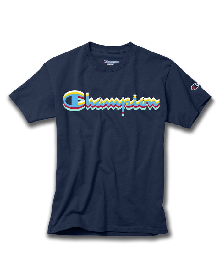 Champion Drenge T-Shirts Mørkeblå - Cotton Script Logo - Danmark MIC-603298